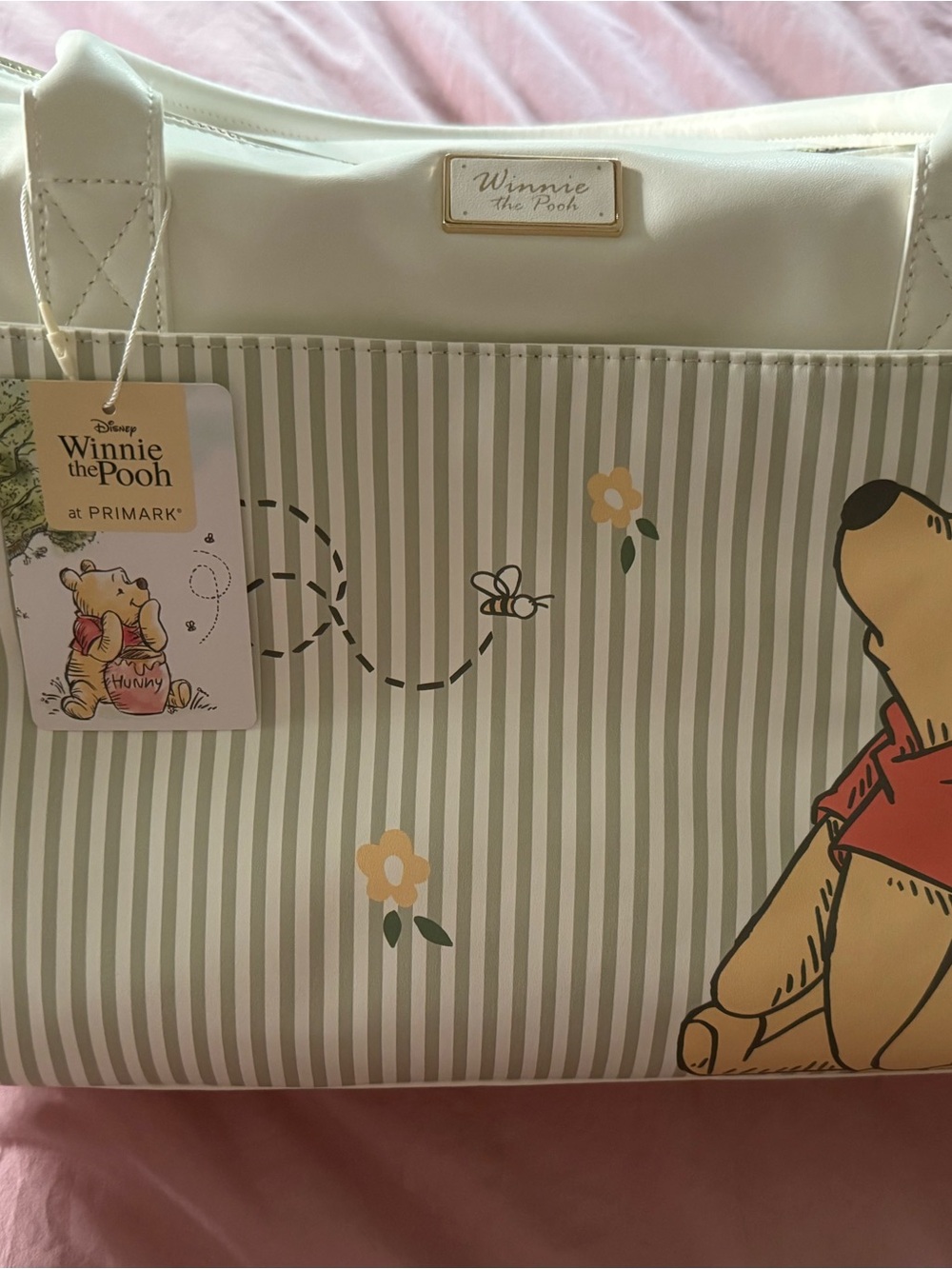 Primark Winnie the Pooh Cream & Soft Green Stripe Weekender Tote